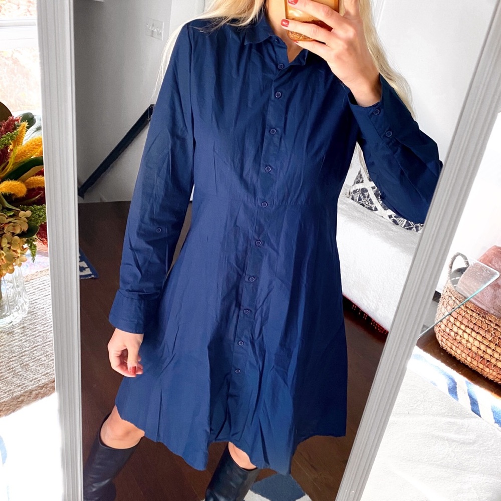 💙 MANGO NAVY COTTON LONG SLEEVE COLLARED KNEE LENGTH BUTTON DOWN DRESS! - Picture 5 of 12